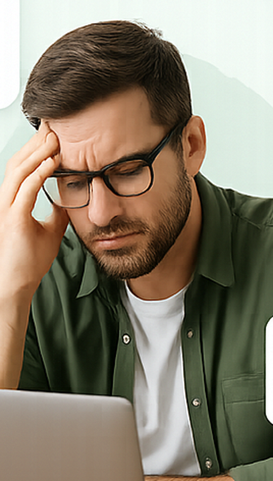 A business owner looking stressed and overwhelmed while working at his laptop.